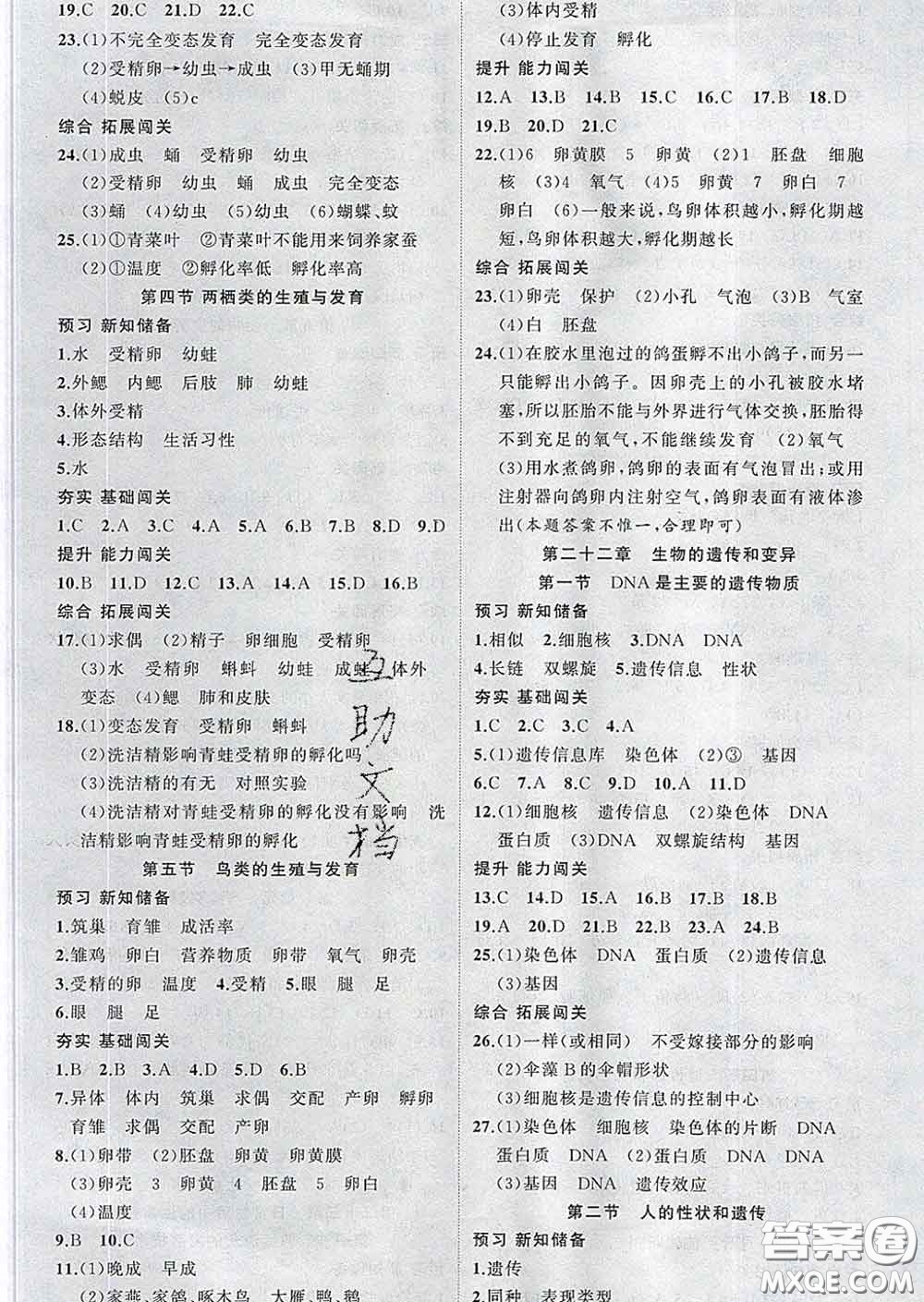 新疆青少年出版社2020春黃岡100分闖關(guān)八年級生物下冊蘇教版答案