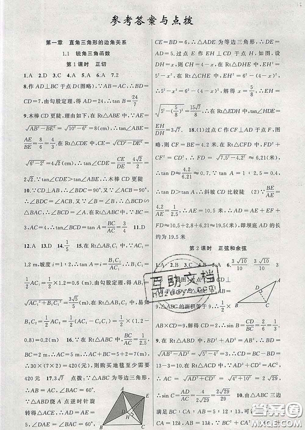 2020春北師版黃岡100分闖關(guān)九年級數(shù)學下冊答案
