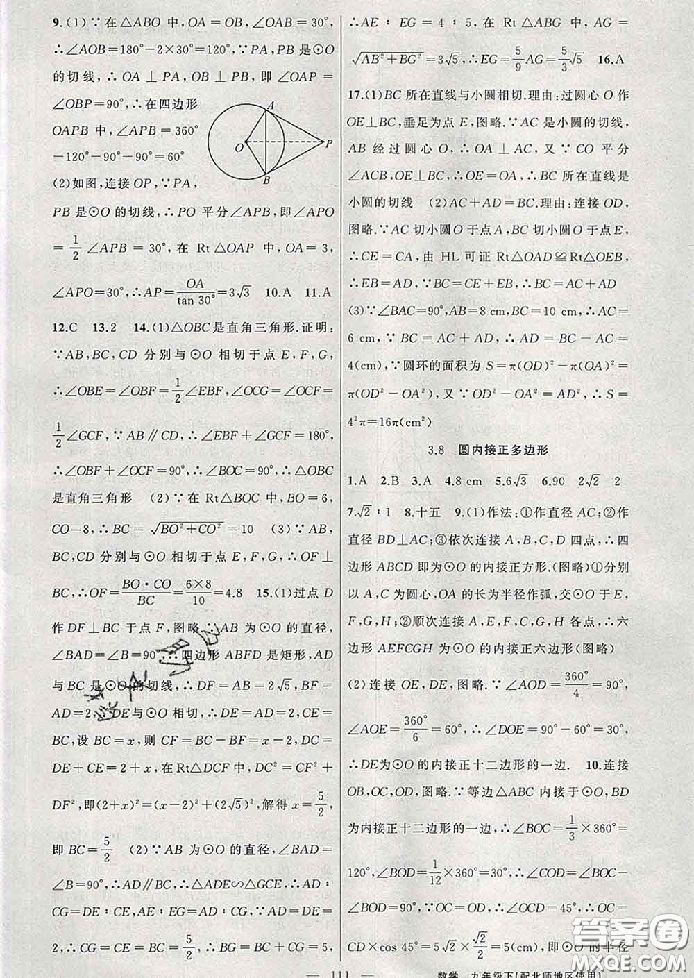 2020春北師版黃岡100分闖關(guān)九年級數(shù)學下冊答案
