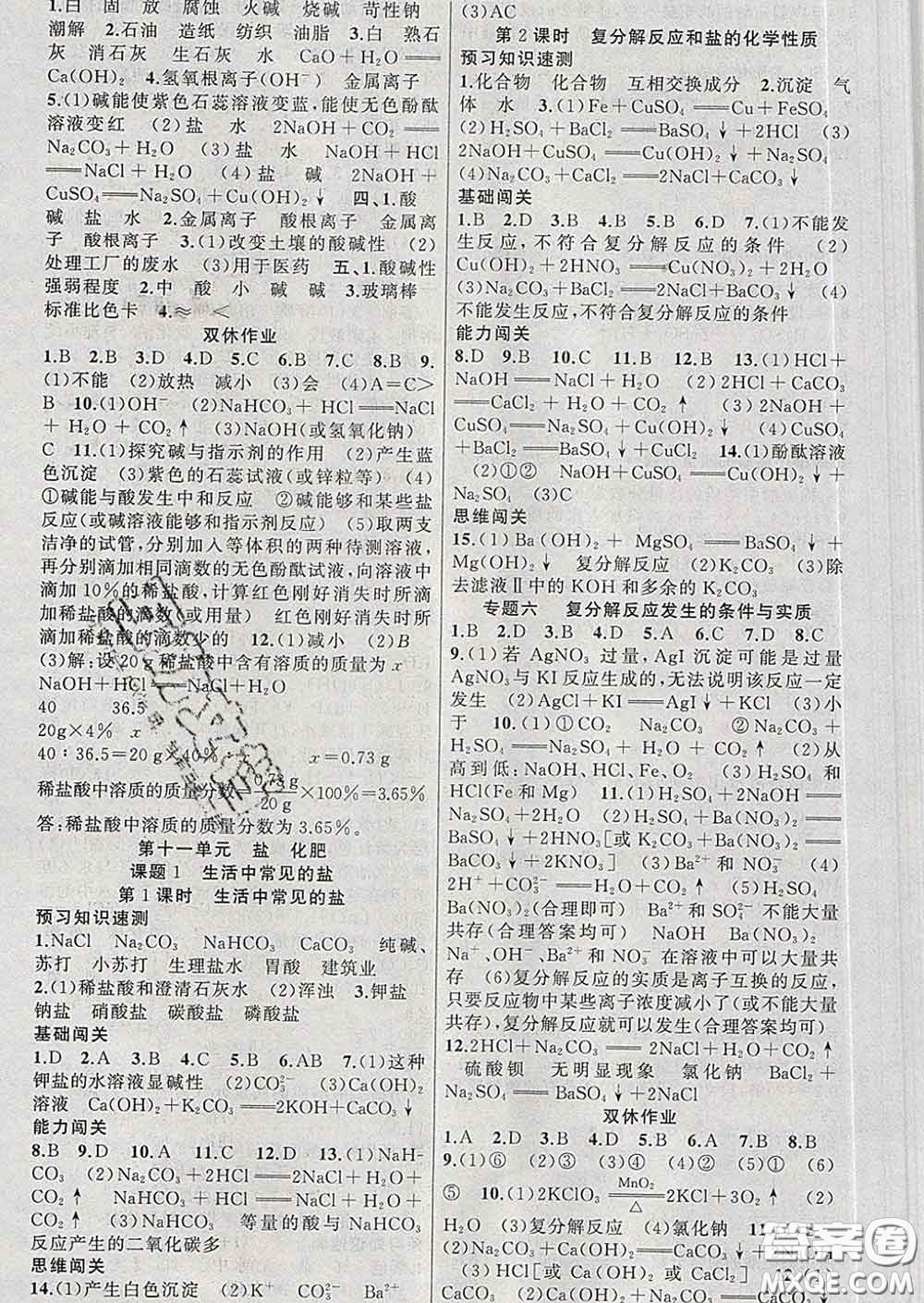 新疆青少年出版社2020春黃岡100分闖關(guān)九年級化學下冊人教版答案