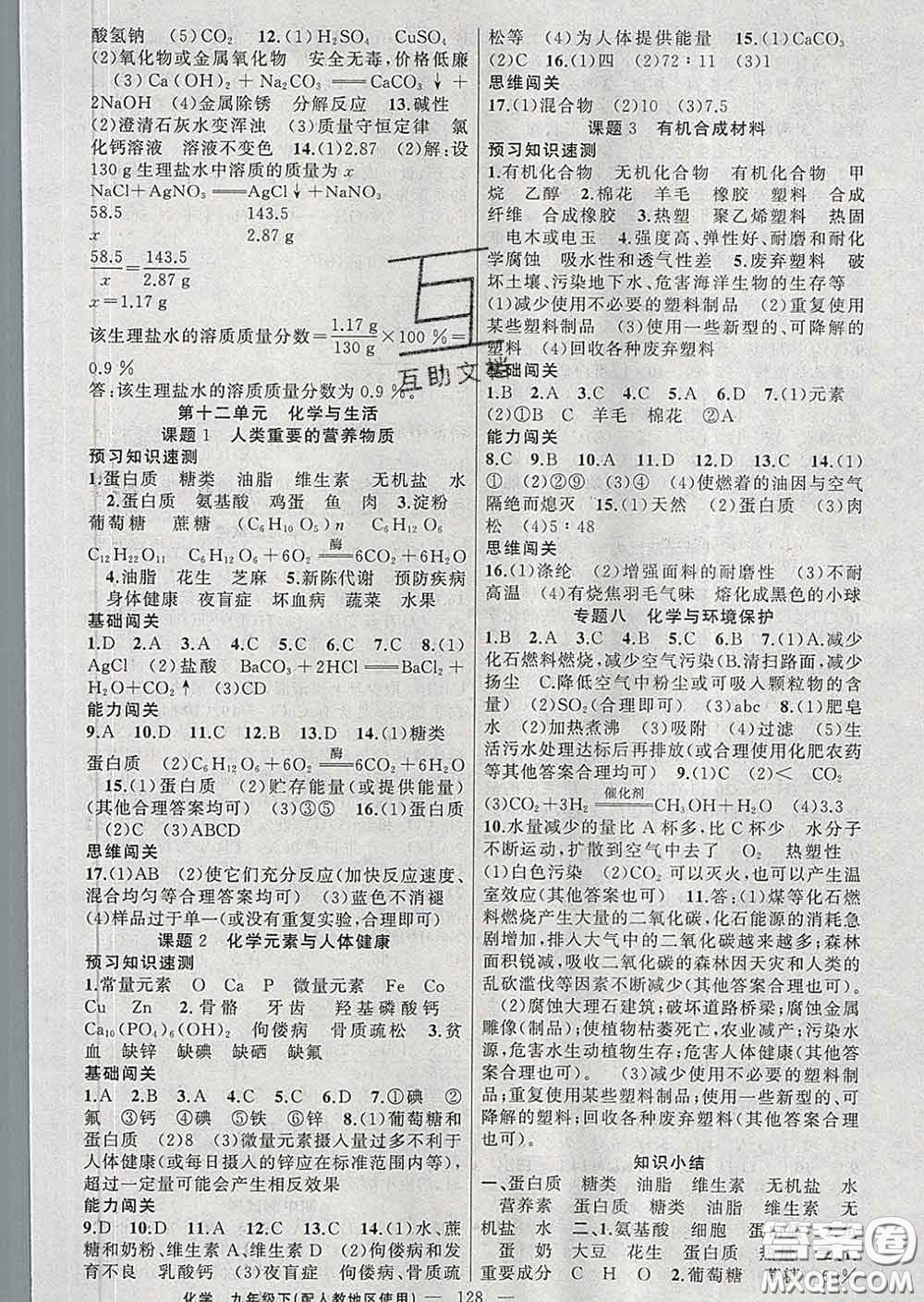新疆青少年出版社2020春黃岡100分闖關(guān)九年級化學下冊人教版答案