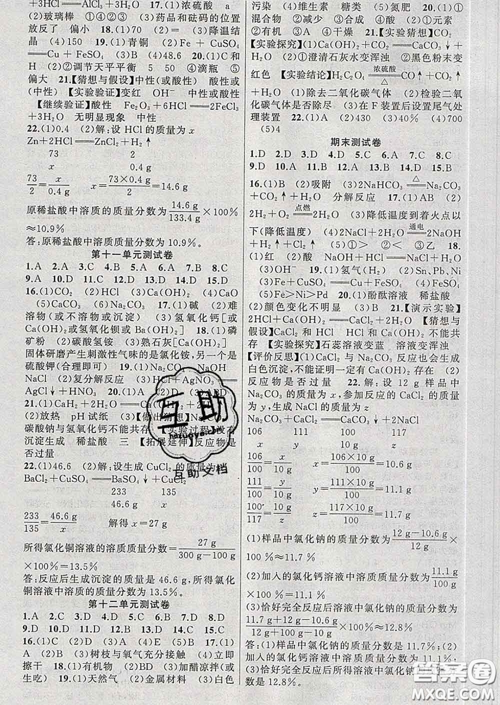 新疆青少年出版社2020春黃岡100分闖關(guān)九年級化學下冊人教版答案