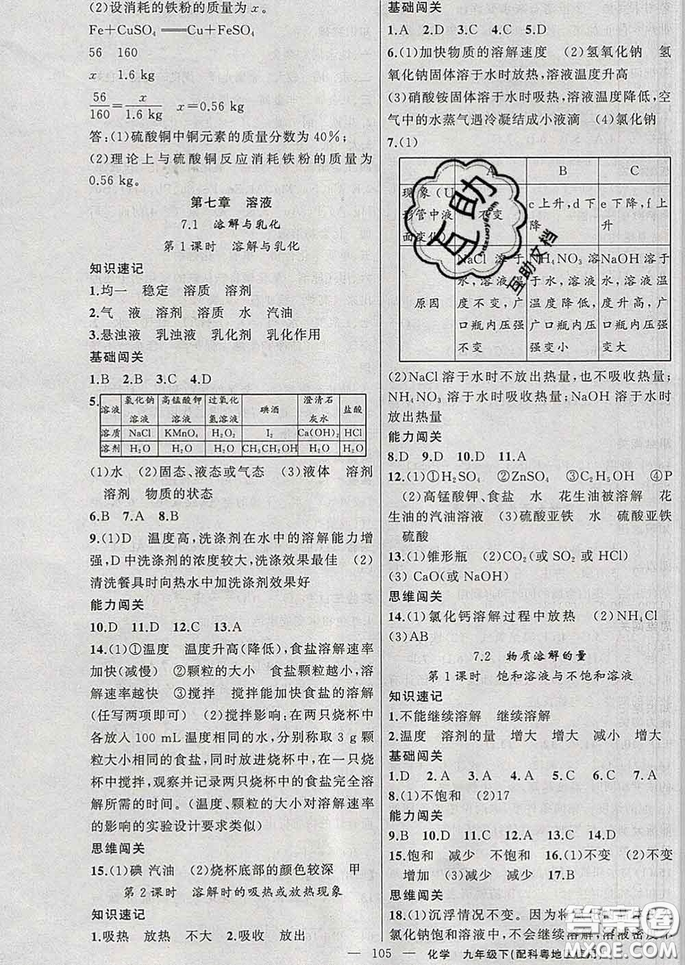 新疆青少年出版社2020春黃岡100分闖關(guān)九年級(jí)化學(xué)下冊(cè)科粵版答案