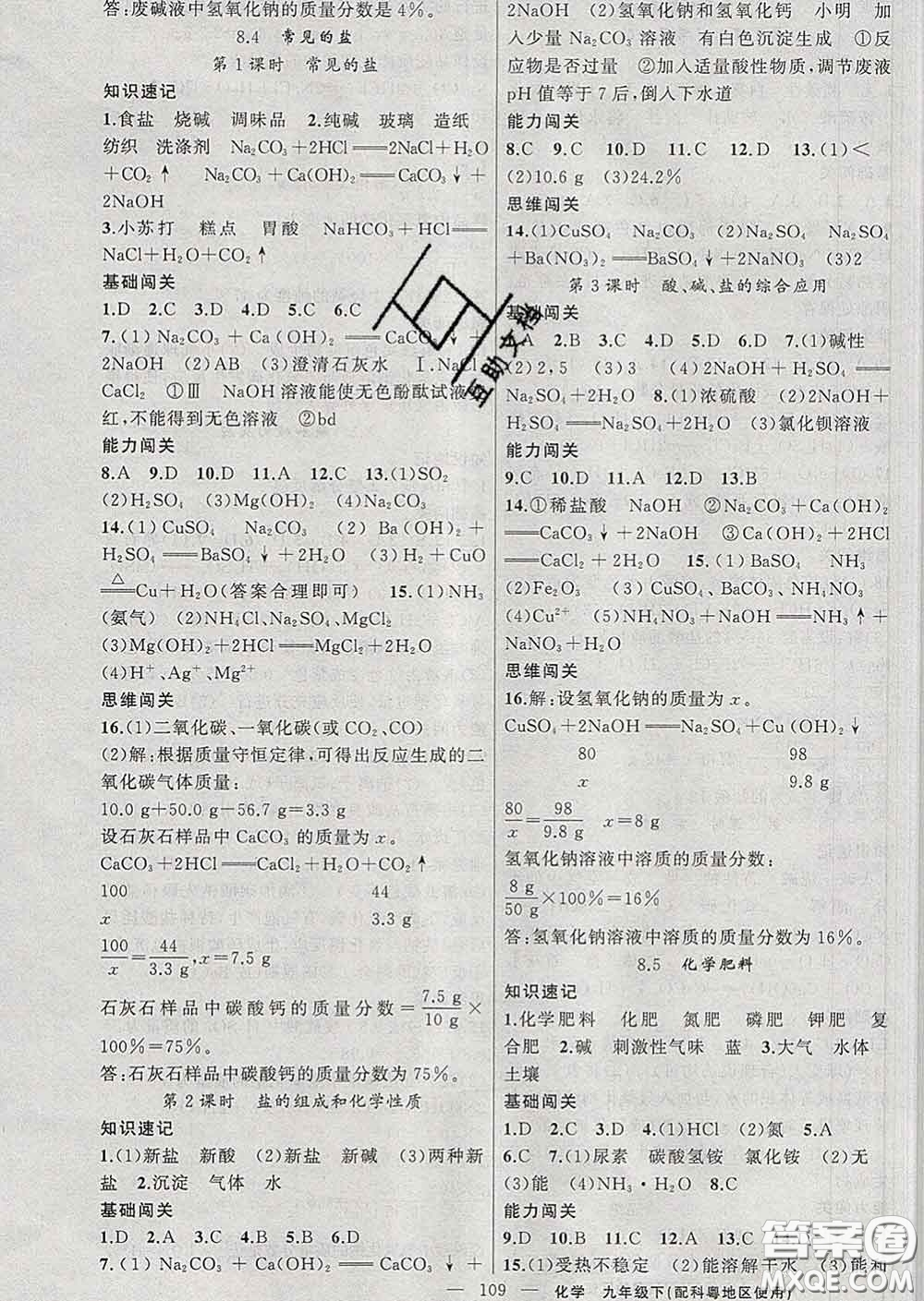 新疆青少年出版社2020春黃岡100分闖關(guān)九年級(jí)化學(xué)下冊(cè)科粵版答案
