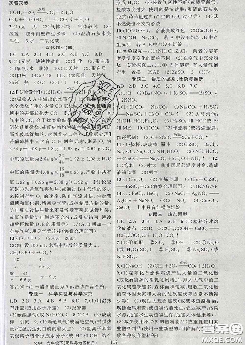 新疆青少年出版社2020春黃岡100分闖關(guān)九年級(jí)化學(xué)下冊(cè)科粵版答案