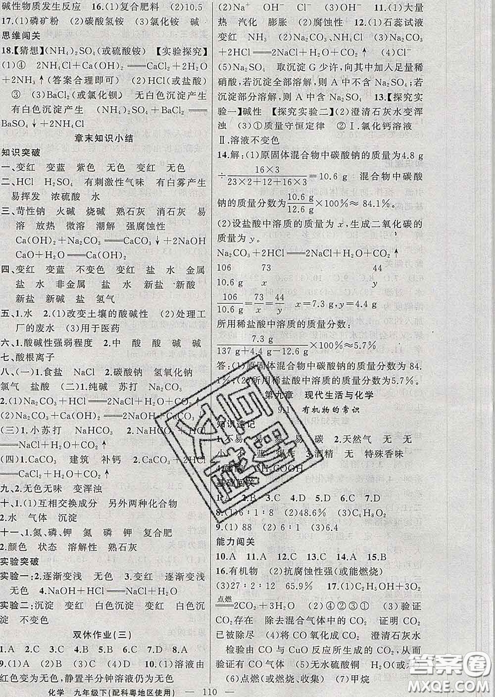 新疆青少年出版社2020春黃岡100分闖關(guān)九年級(jí)化學(xué)下冊(cè)科粵版答案