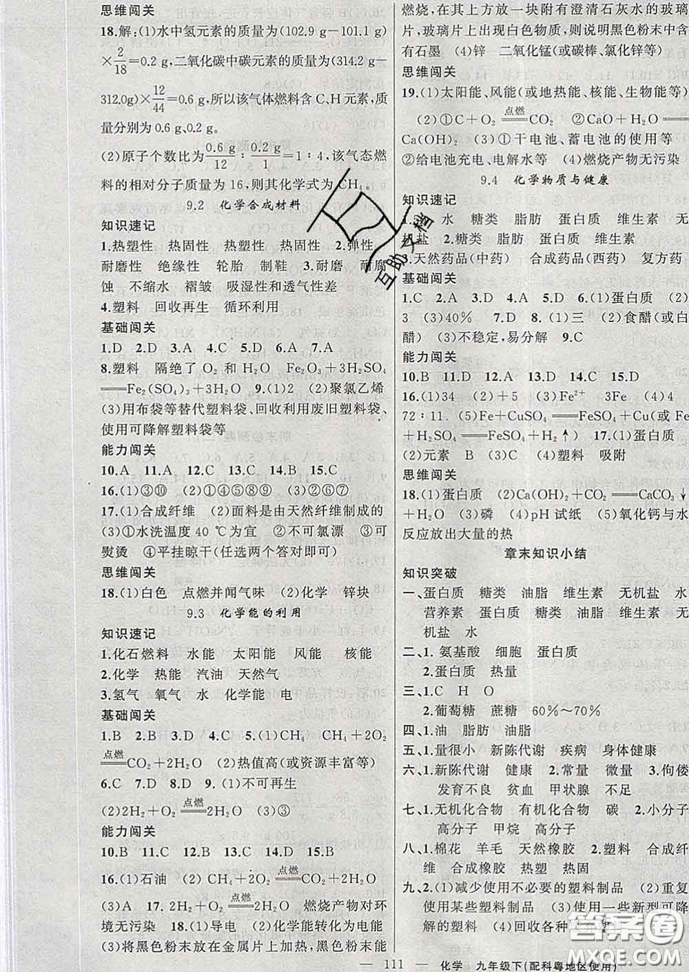 新疆青少年出版社2020春黃岡100分闖關(guān)九年級(jí)化學(xué)下冊(cè)科粵版答案