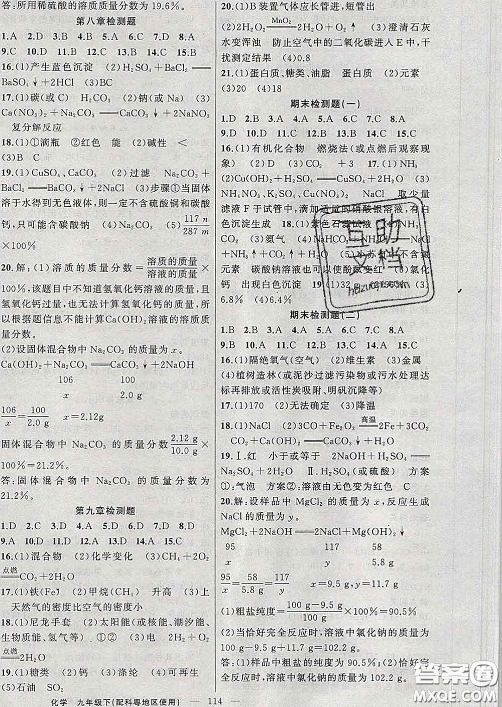 新疆青少年出版社2020春黃岡100分闖關(guān)九年級(jí)化學(xué)下冊(cè)科粵版答案