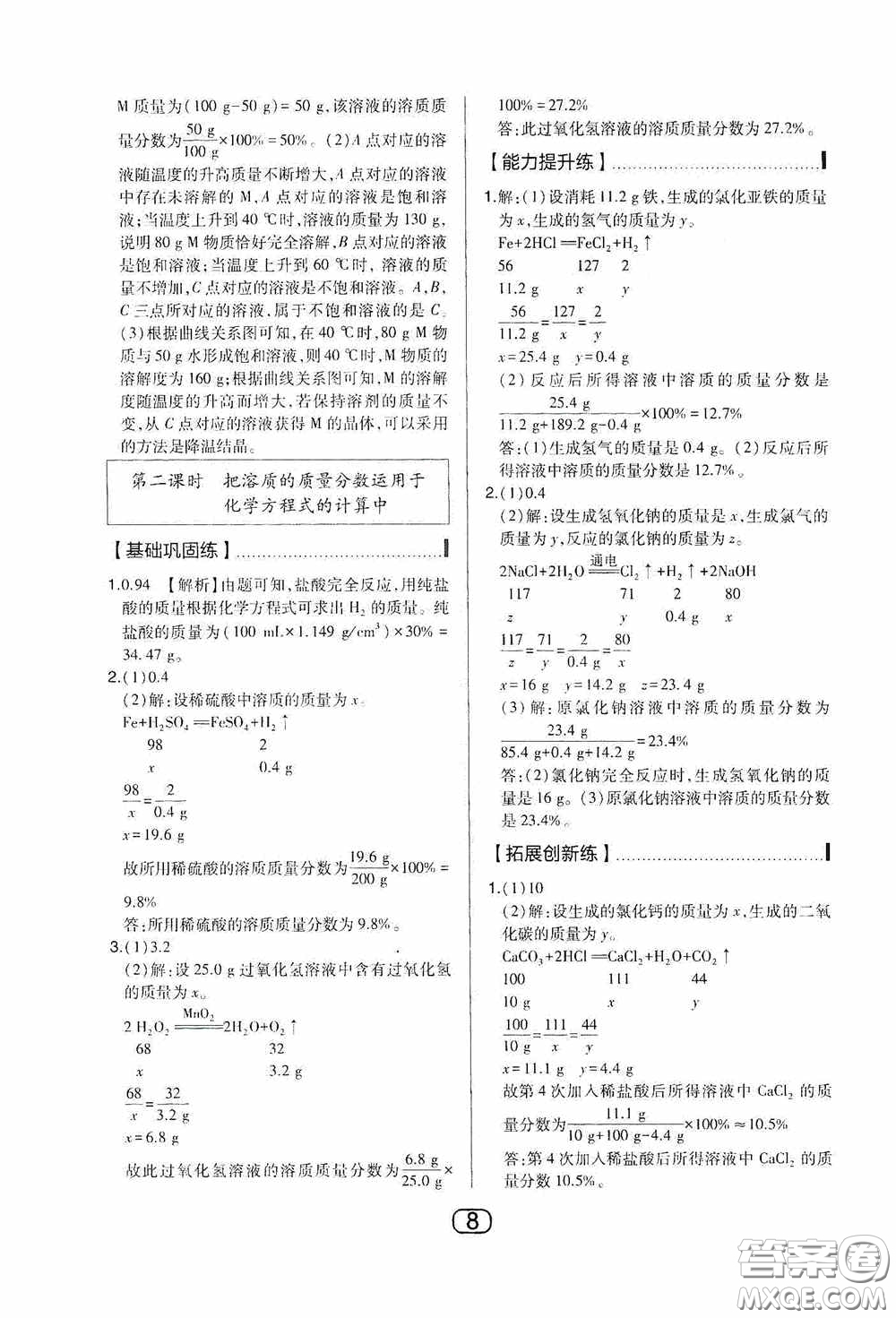 東北師范大學(xué)出版社2020北大綠卡課時(shí)同步講練九年級化學(xué)下冊人教版答案
