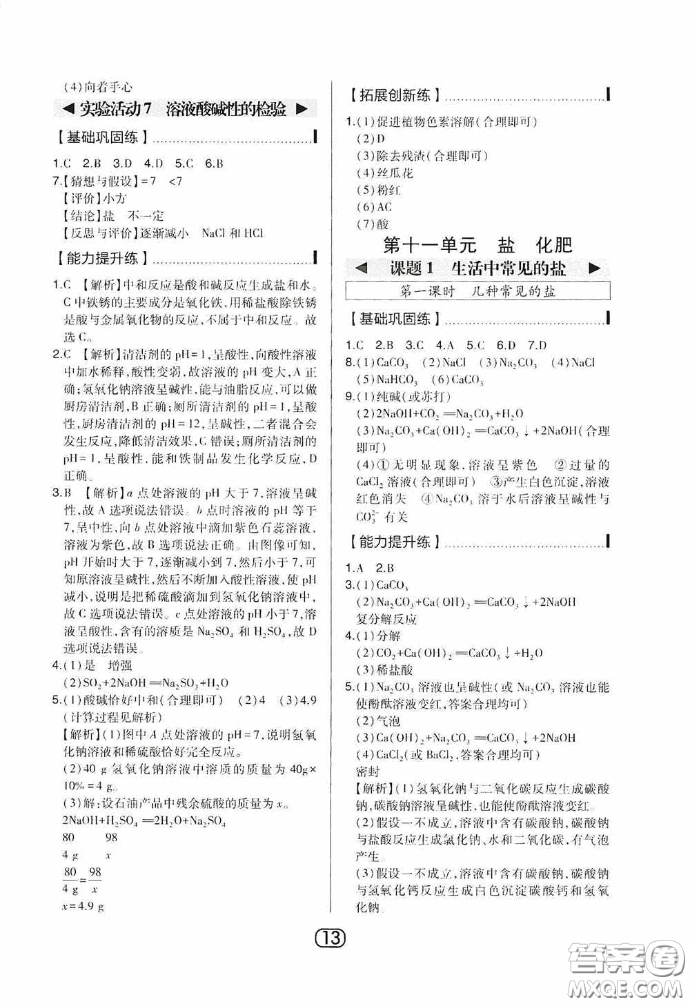 東北師范大學(xué)出版社2020北大綠卡課時(shí)同步講練九年級化學(xué)下冊人教版答案