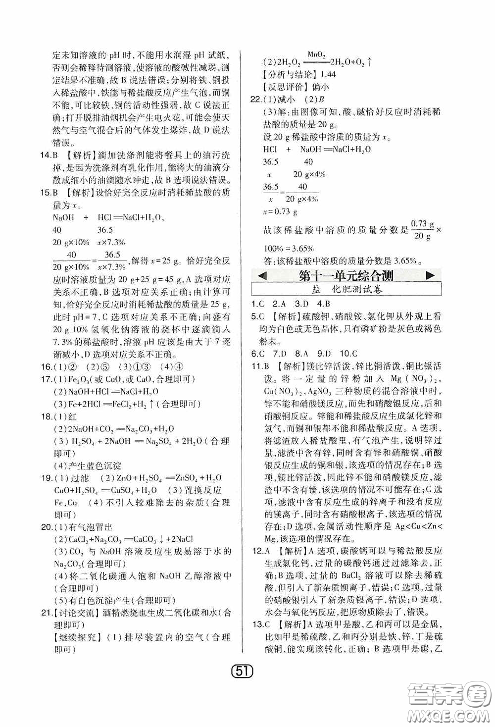 東北師范大學(xué)出版社2020北大綠卡課時(shí)同步講練九年級化學(xué)下冊人教版答案