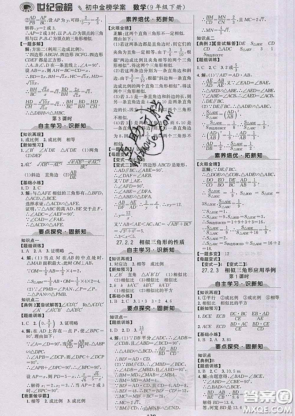 2020新版世紀(jì)金榜金榜學(xué)案九年級(jí)數(shù)學(xué)下冊(cè)人教版答案