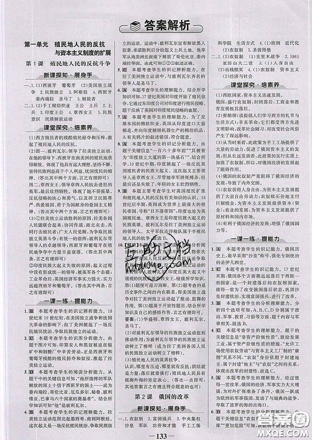 2020新版世紀(jì)金榜金榜學(xué)案九年級歷史下冊部編版答案
