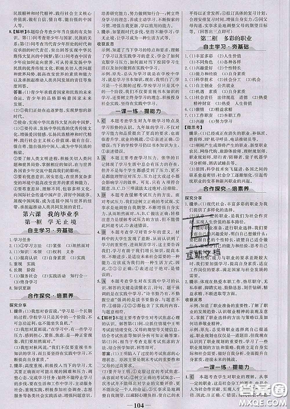 2020新版世紀金榜金榜學案九年級道德與法治下冊部編版答案