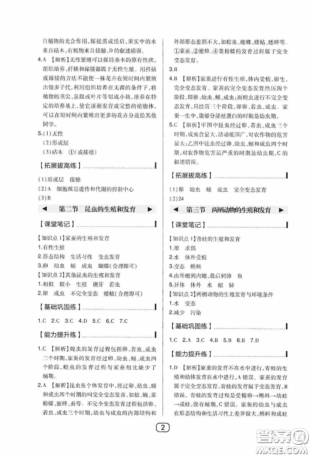 東北師范大學(xué)出版社2020北大綠卡課時(shí)同步講練八年級(jí)生物下冊(cè)人教版答案