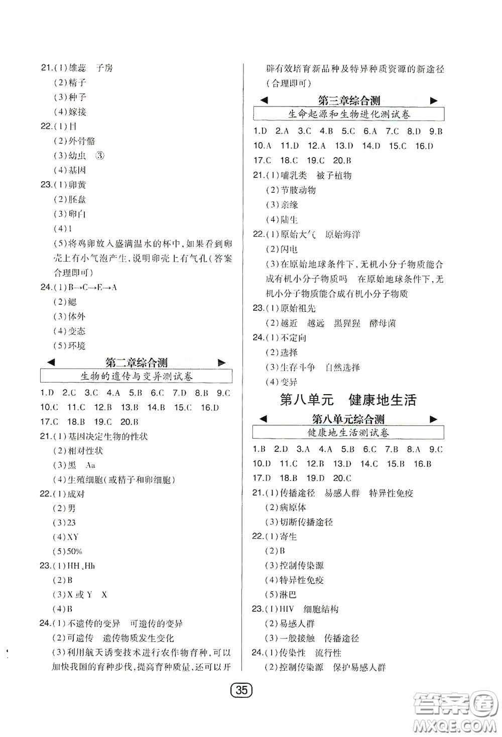 東北師范大學(xué)出版社2020北大綠卡課時(shí)同步講練八年級(jí)生物下冊(cè)人教版答案