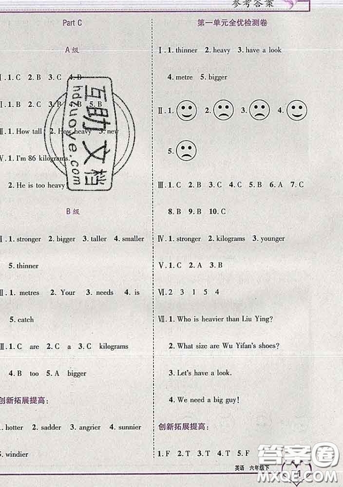 2020新版新全優(yōu)全優(yōu)備考六年級(jí)英語(yǔ)下冊(cè)人教版答案
