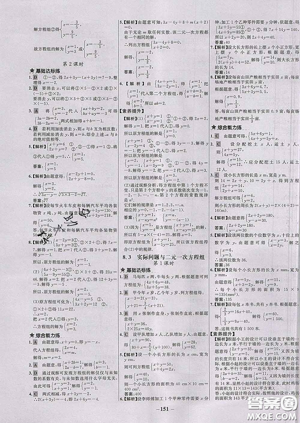 2020春世紀(jì)金榜百練百勝七年級(jí)數(shù)學(xué)下冊人教版答案