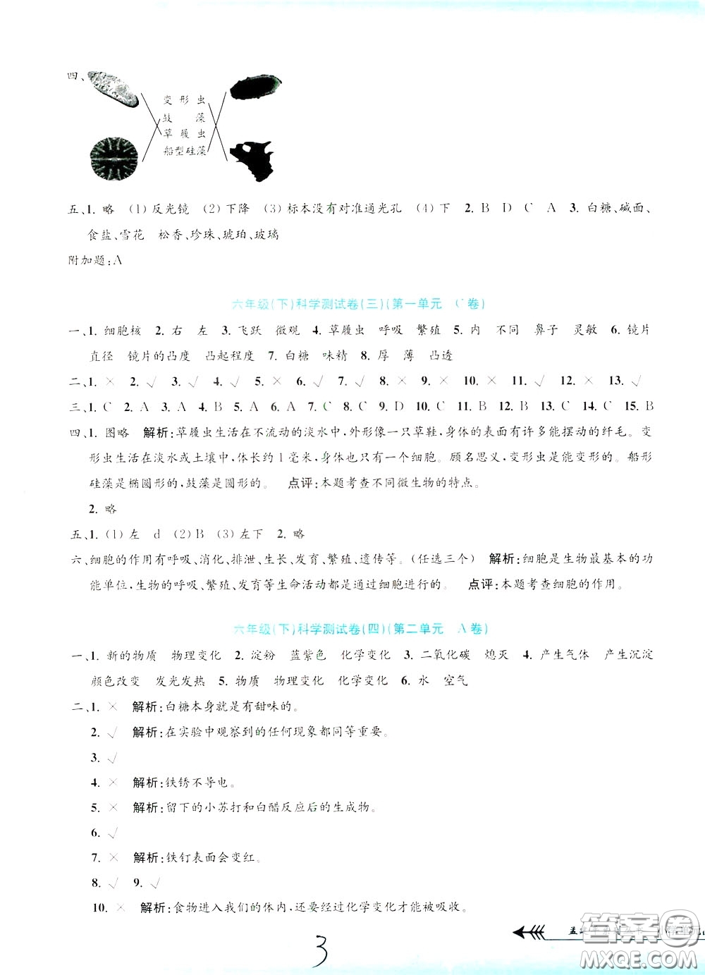 孟建平系列叢書2020年小學(xué)單元測試科學(xué)六年級下冊J教科版參考答案