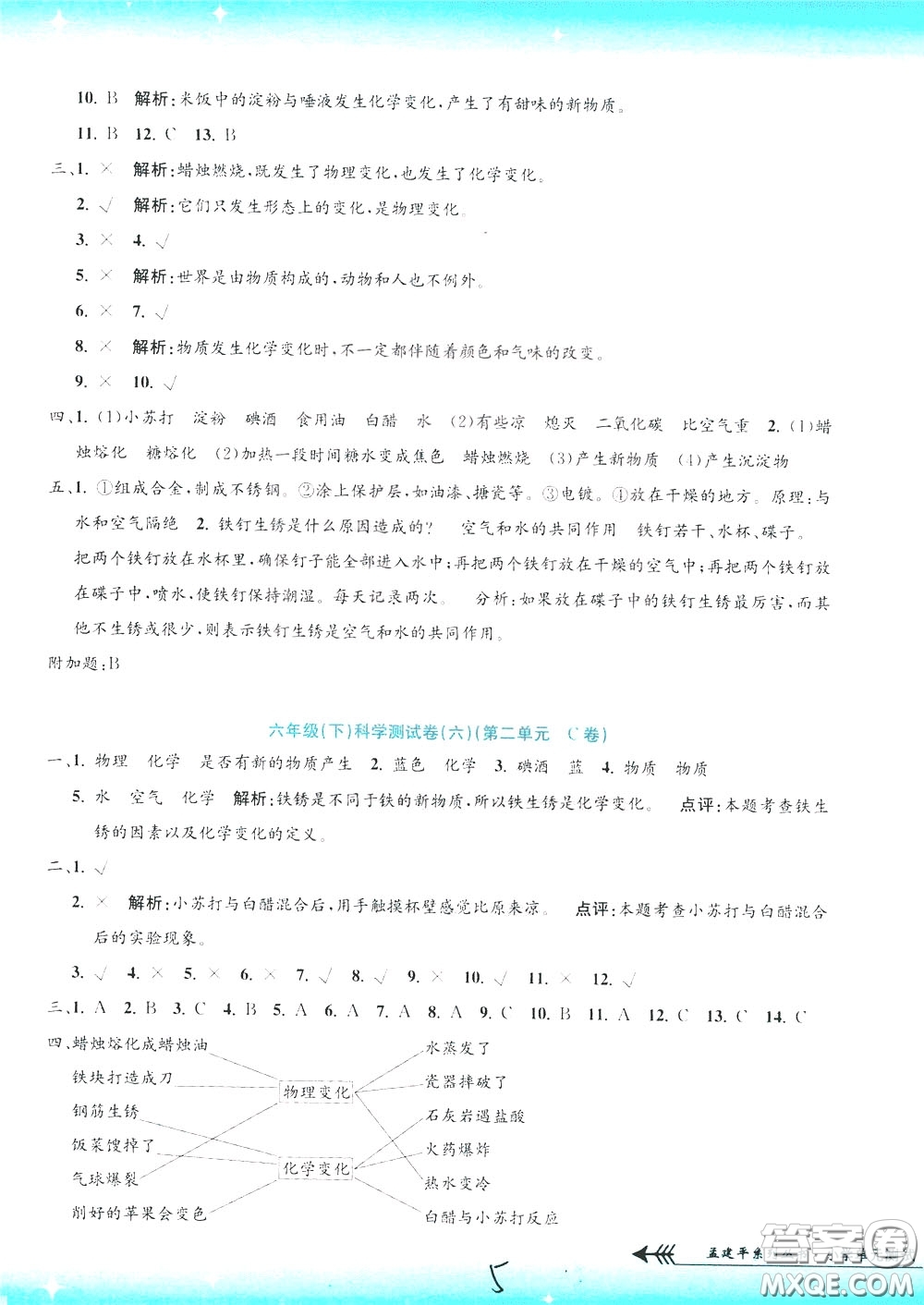 孟建平系列叢書2020年小學(xué)單元測試科學(xué)六年級下冊J教科版參考答案