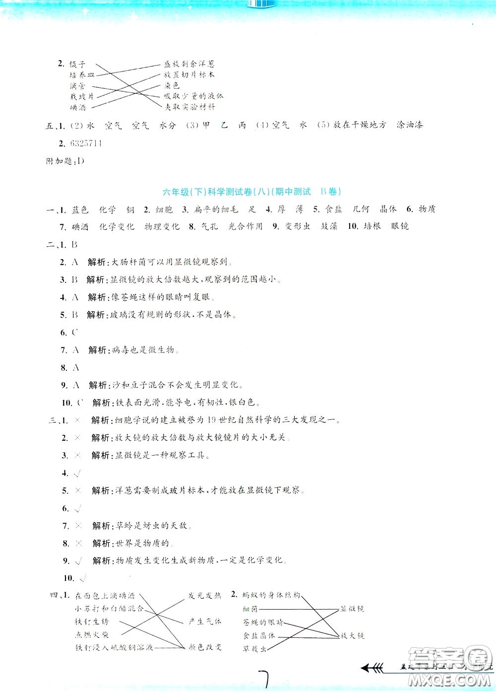 孟建平系列叢書2020年小學(xué)單元測試科學(xué)六年級下冊J教科版參考答案