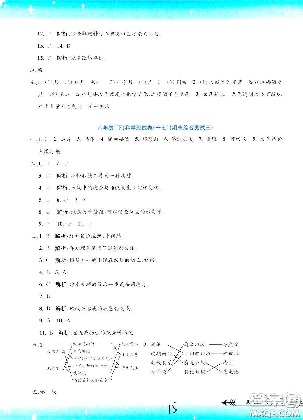 孟建平系列叢書2020年小學(xué)單元測試科學(xué)六年級下冊J教科版參考答案