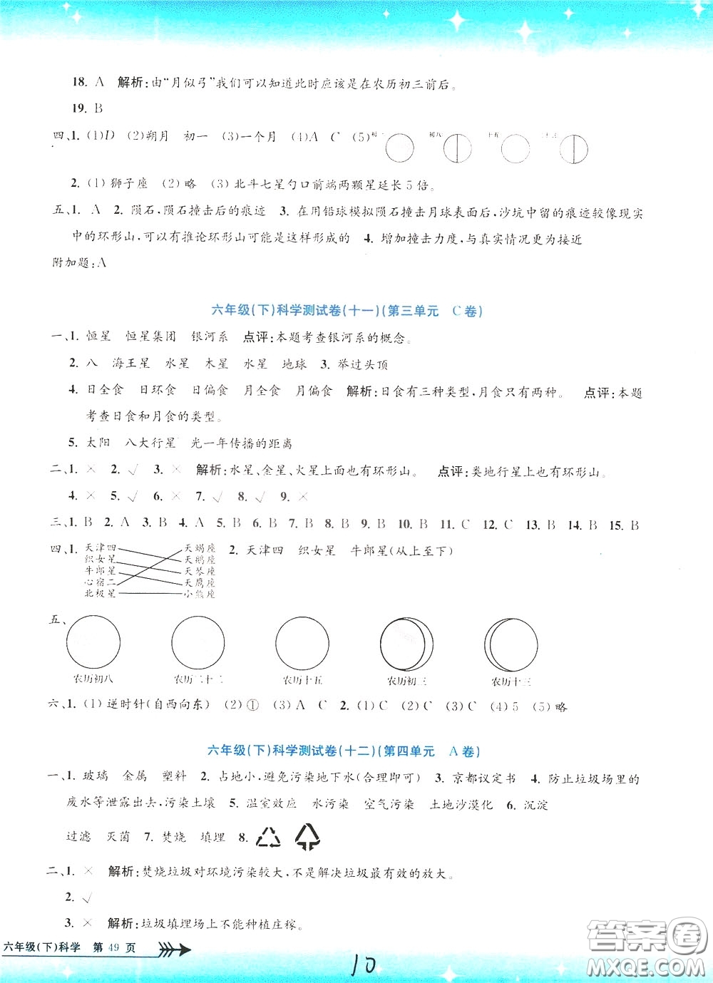 孟建平系列叢書2020年小學(xué)單元測試科學(xué)六年級下冊J教科版參考答案