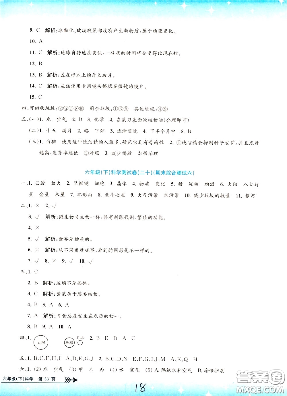 孟建平系列叢書2020年小學(xué)單元測試科學(xué)六年級下冊J教科版參考答案