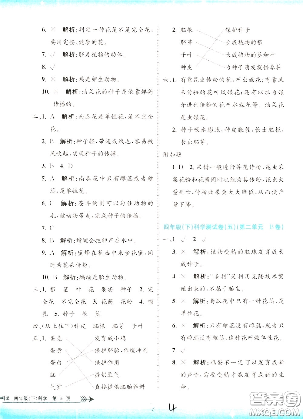 孟建平系列叢書2020年小學(xué)單元測(cè)試科學(xué)四年級(jí)下冊(cè)J教科版參考答案