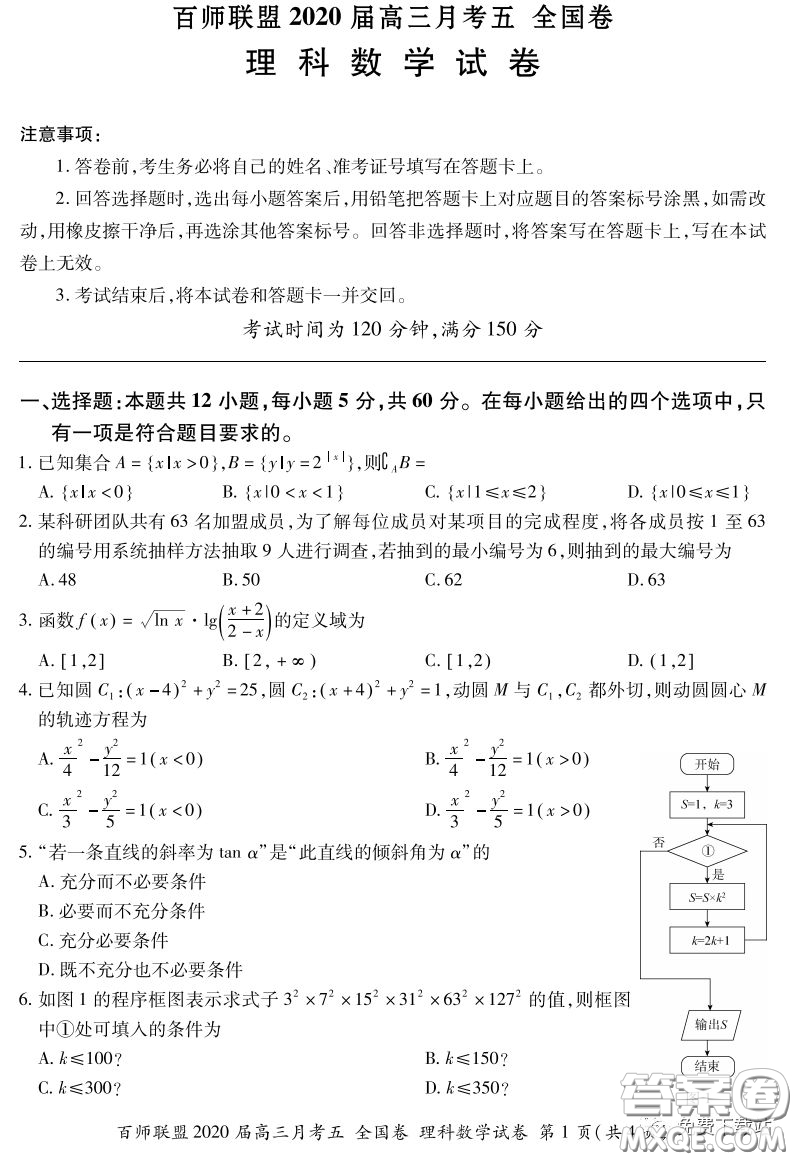 百師聯(lián)盟2020屆高三月考五全國卷理科數(shù)學試題及答案