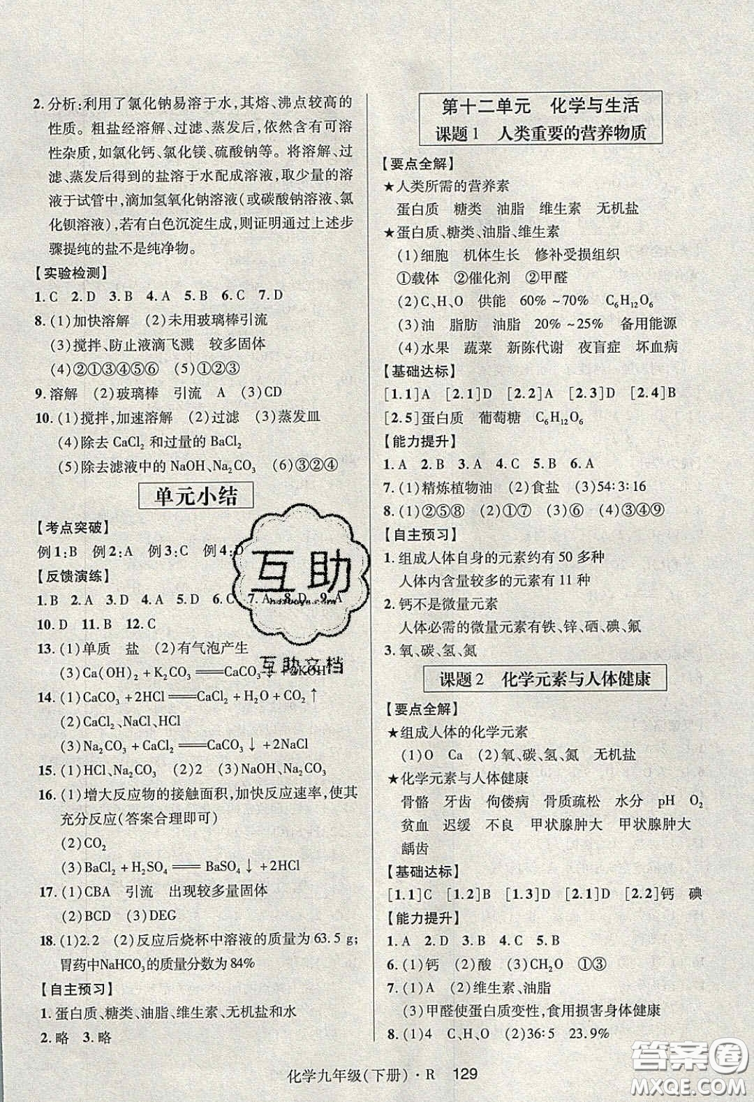 2020年高分突破課時達(dá)標(biāo)講練測九年級化學(xué)下冊人教版答案