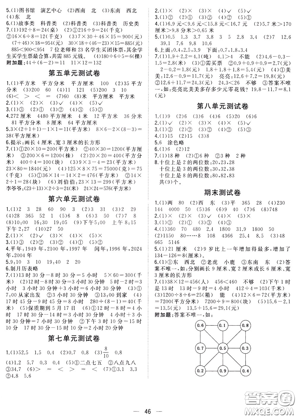 維宇文化2020年課課優(yōu)課堂小作業(yè)數(shù)學(xué)三年級(jí)下冊R人教版參考答案