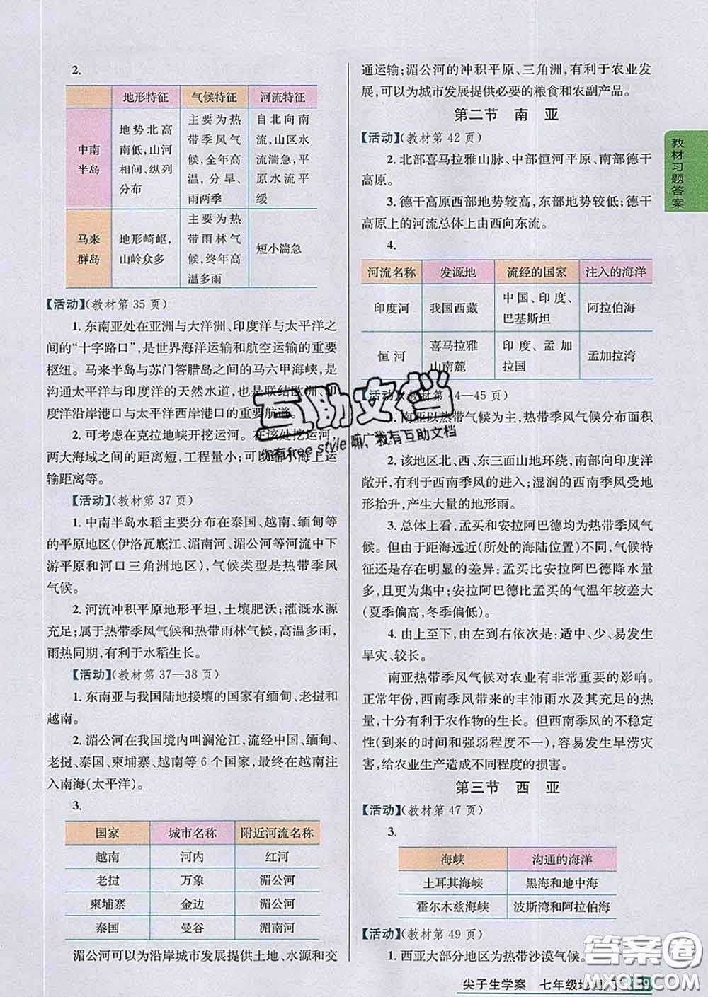 吉林人民出版社2020春尖子生學(xué)案七年級(jí)地理下冊(cè)湘教版答案