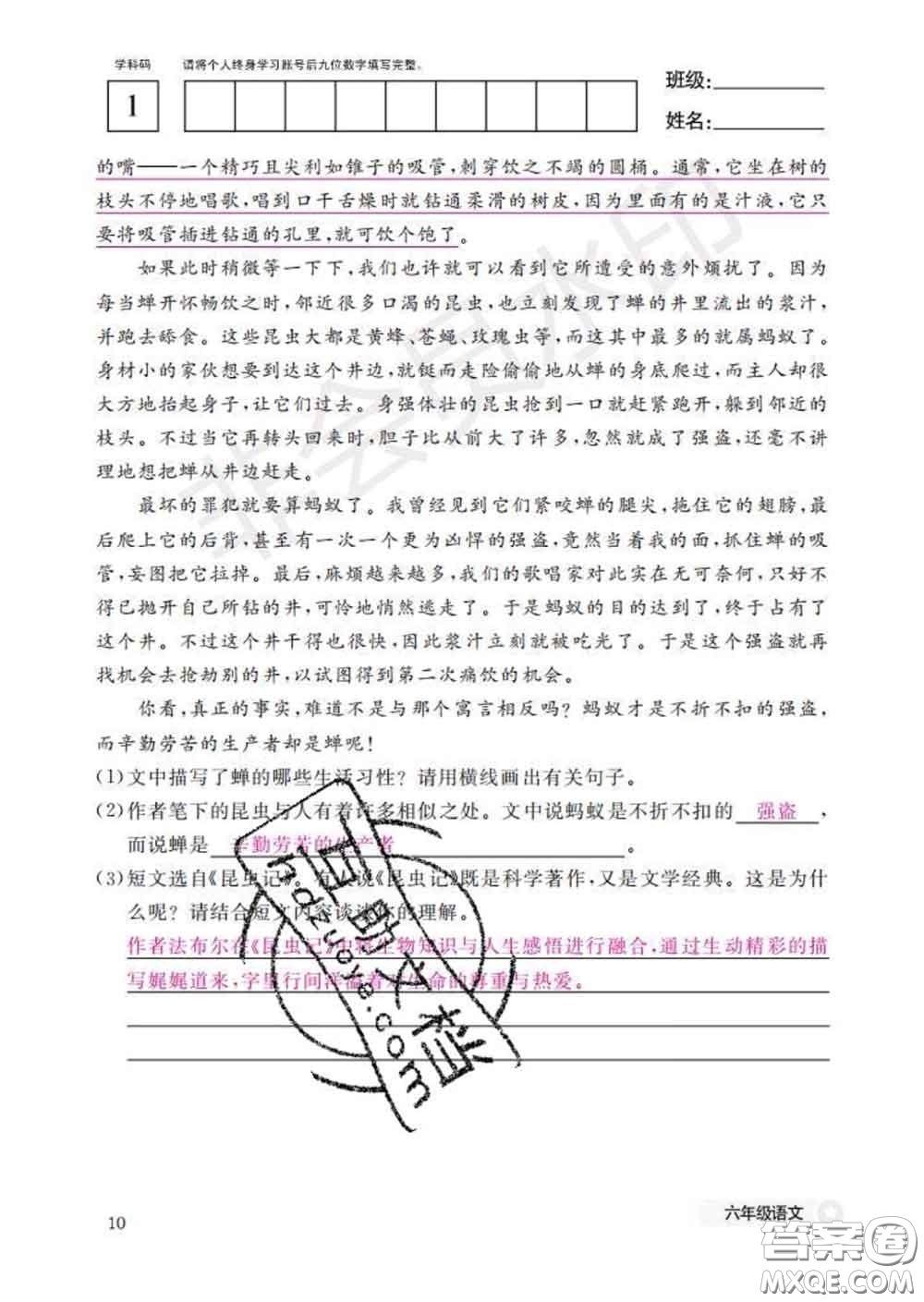 江西教育出版社2020新版語文作業(yè)本六年級(jí)下冊(cè)人教版答案
