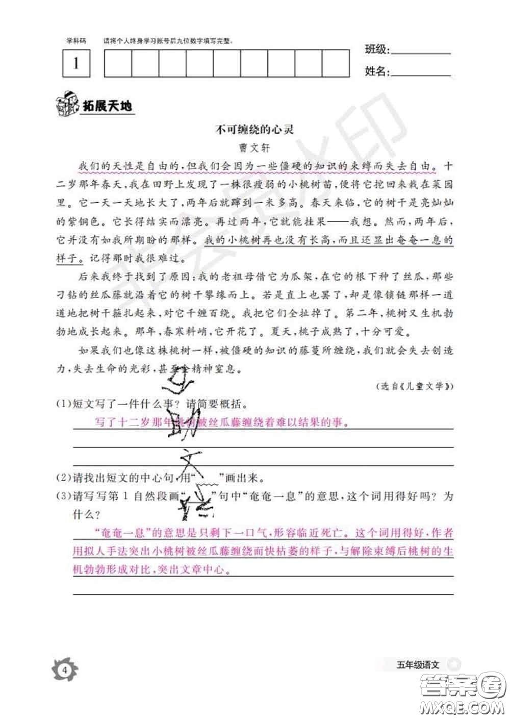 江西教育出版社2020新版語文作業(yè)本五年級下冊人教版答案