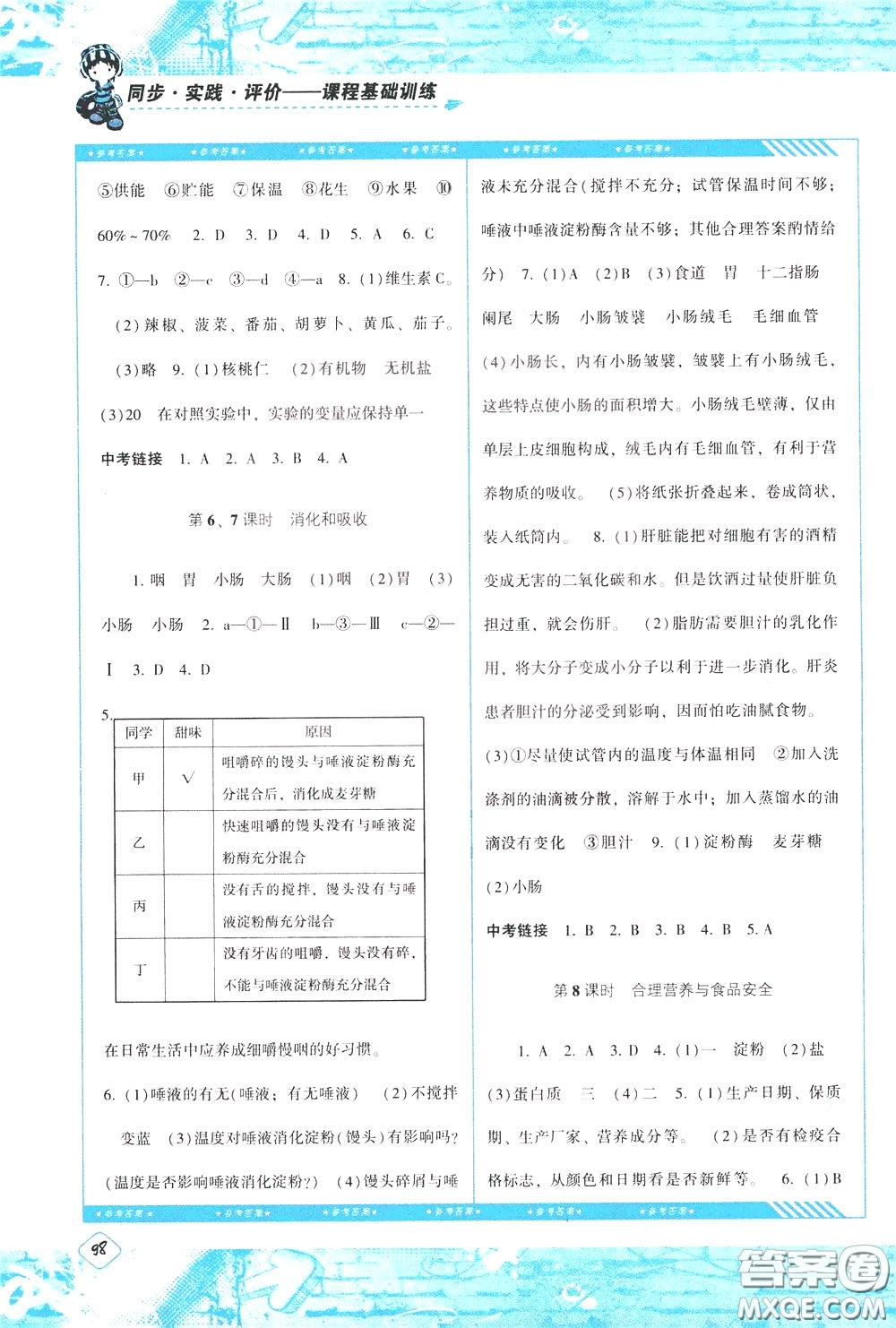 2020年課程基礎(chǔ)訓(xùn)練生物七年級下冊人教版參考答案
