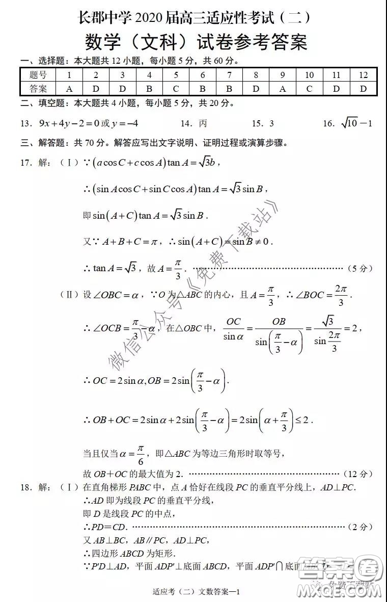 長郡中學(xué)2020屆高三適應(yīng)性考試二文科數(shù)學(xué)試題及答案