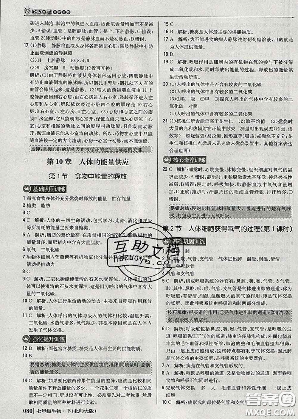 2020新版1加1輕巧奪冠優(yōu)化訓(xùn)練七年級生物下冊北師版答案