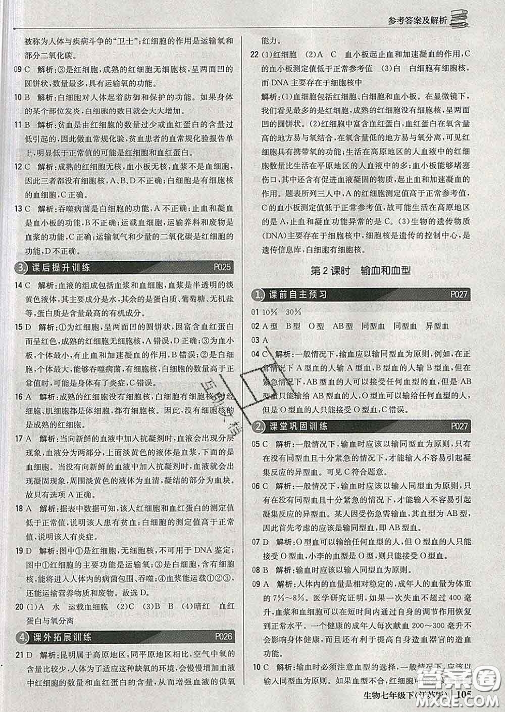 2020新版1加1輕巧奪冠優(yōu)化訓(xùn)練七年級(jí)生物下冊(cè)江蘇版答案