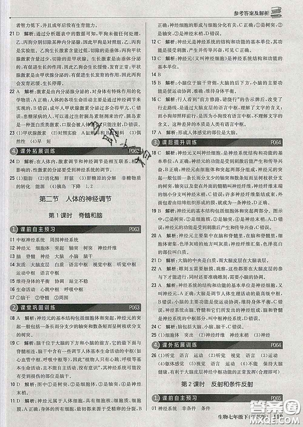 2020新版1加1輕巧奪冠優(yōu)化訓(xùn)練七年級(jí)生物下冊(cè)江蘇版答案