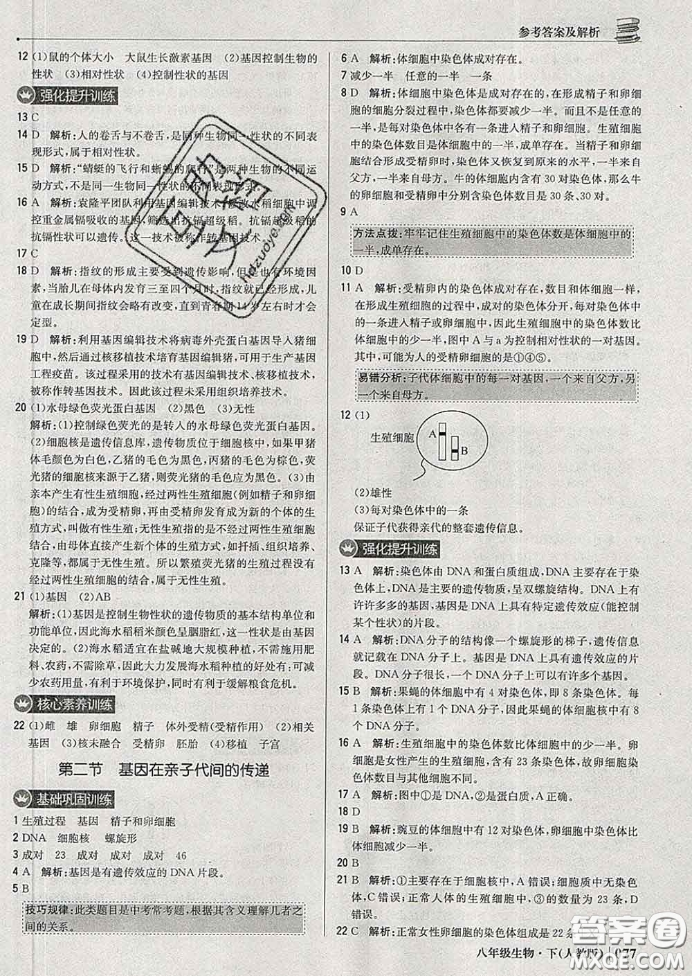 2020新版1加1輕巧奪冠優(yōu)化訓(xùn)練八年級(jí)生物下冊(cè)人教版答案