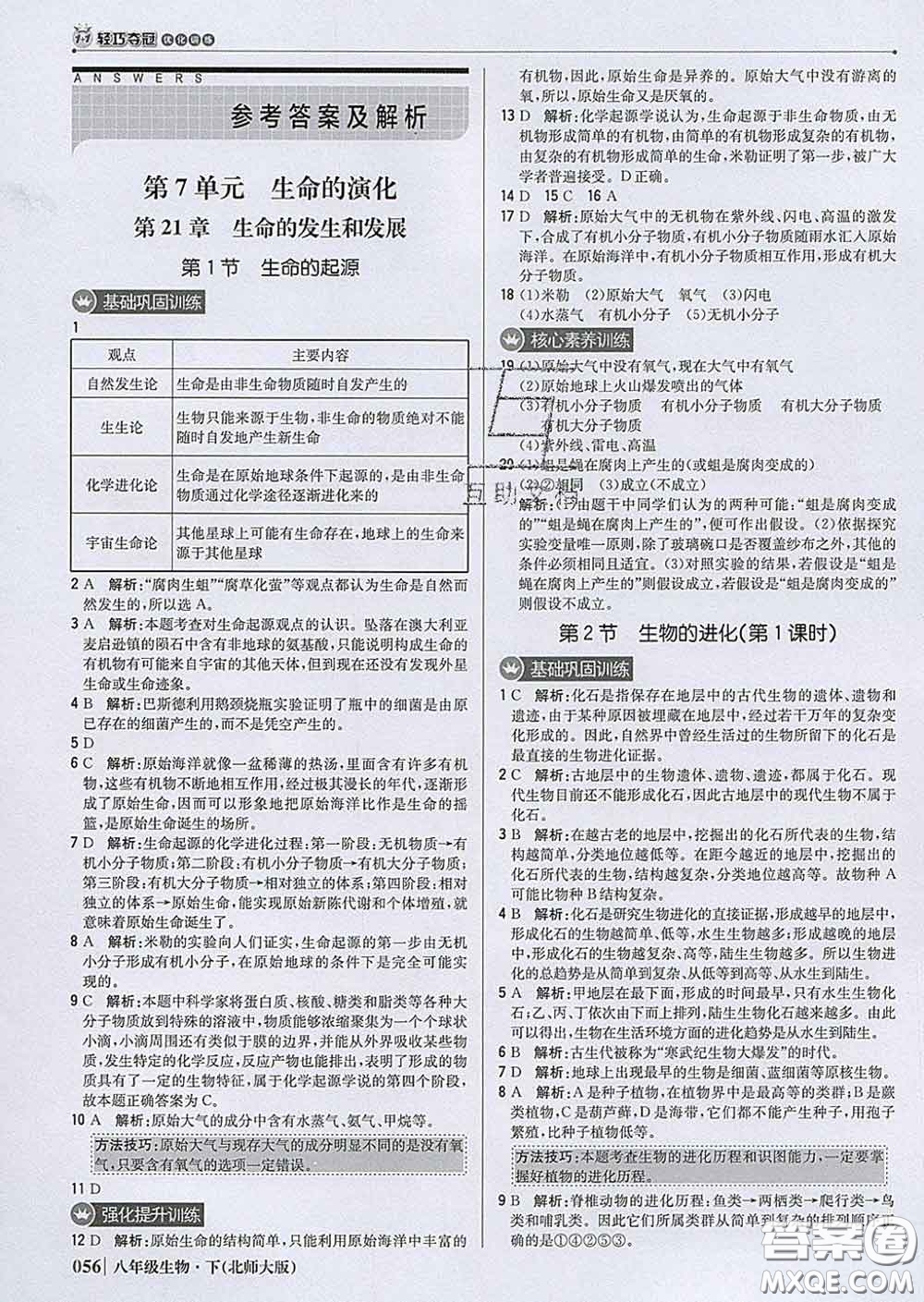 2020新版1加1輕巧奪冠優(yōu)化訓練八年級生物下冊北師版答案