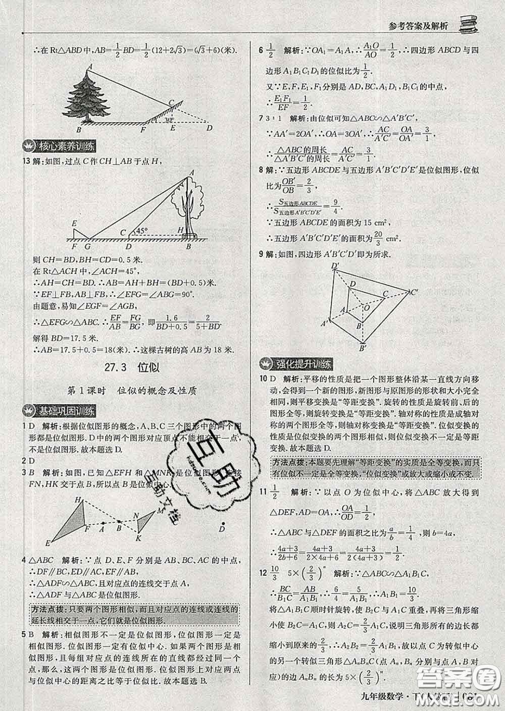 2020新版1加1輕巧奪冠優(yōu)化訓(xùn)練九年級(jí)數(shù)學(xué)下冊(cè)人教版答案