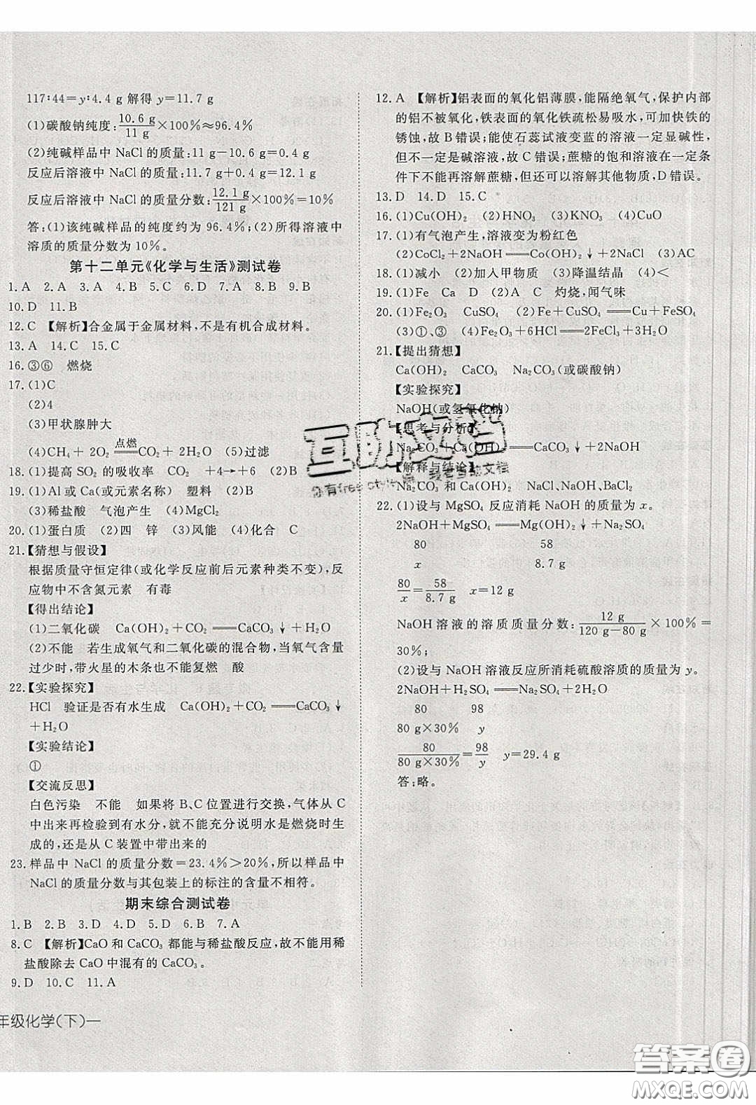 武漢出版社2020探究在線高效課堂九年級化學(xué)下冊人教版答案