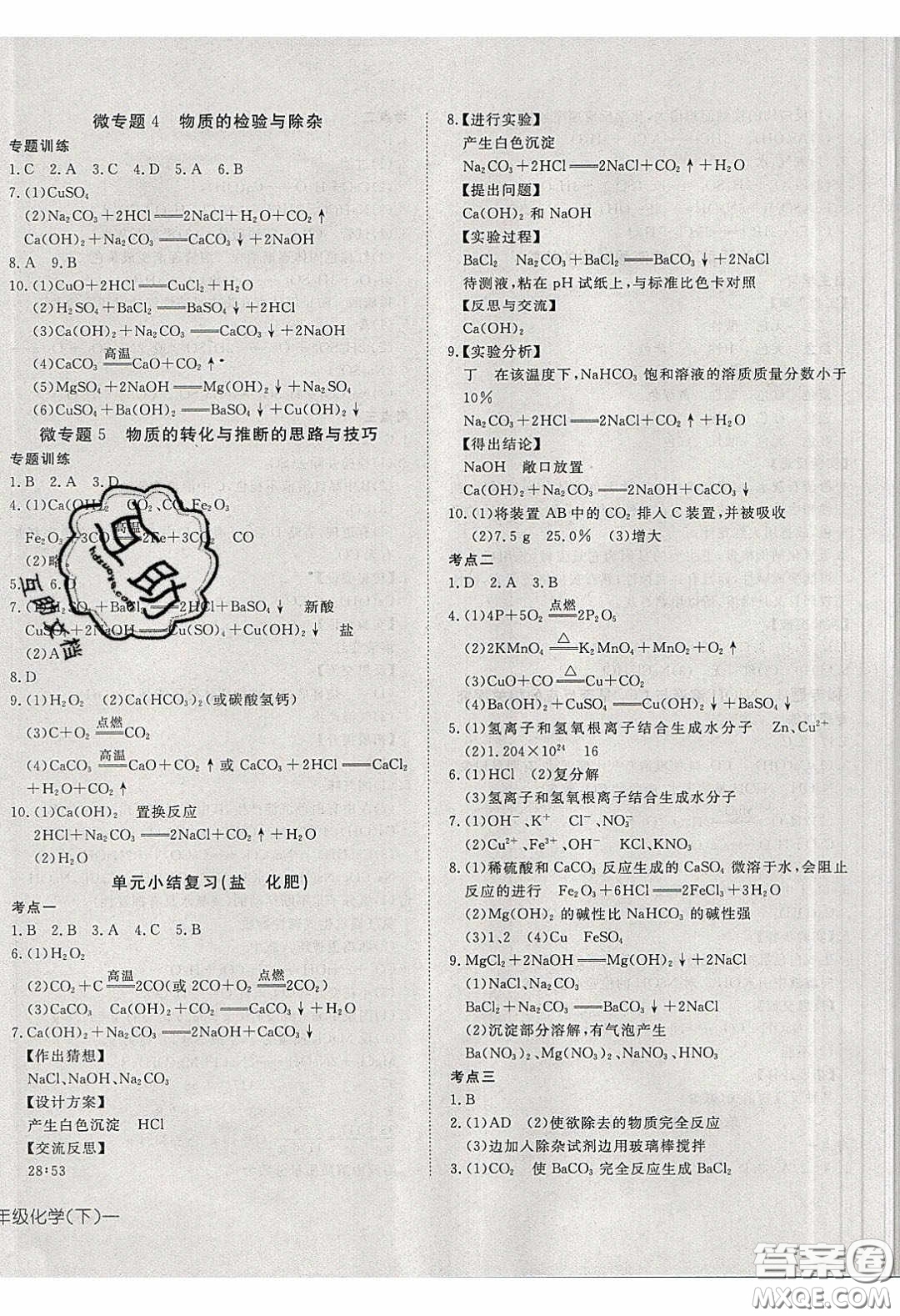 武漢出版社2020探究在線高效課堂九年級化學(xué)下冊人教版答案