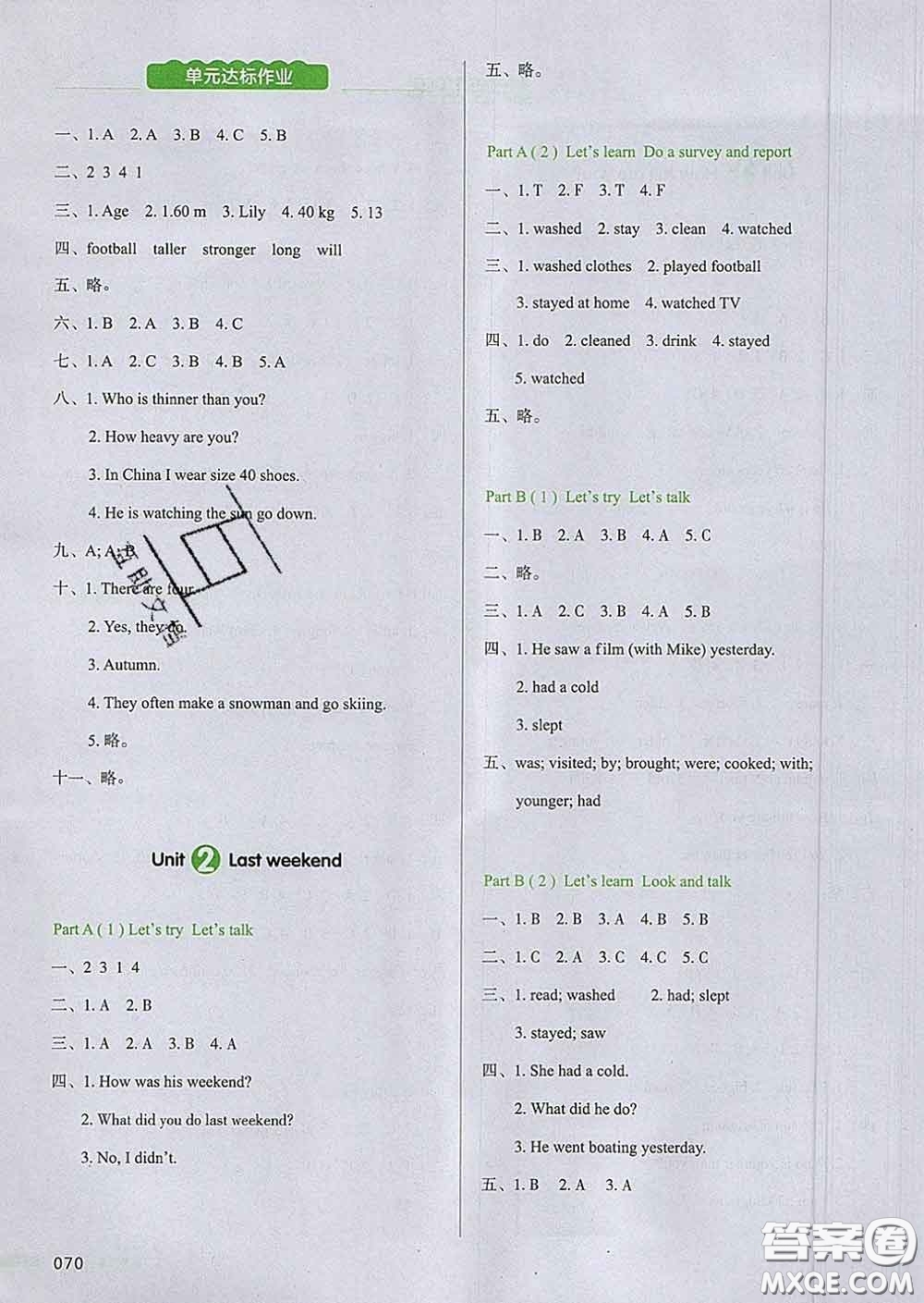 2020新版一本我愛寫作業(yè)小學英語六年級下冊人教版答案