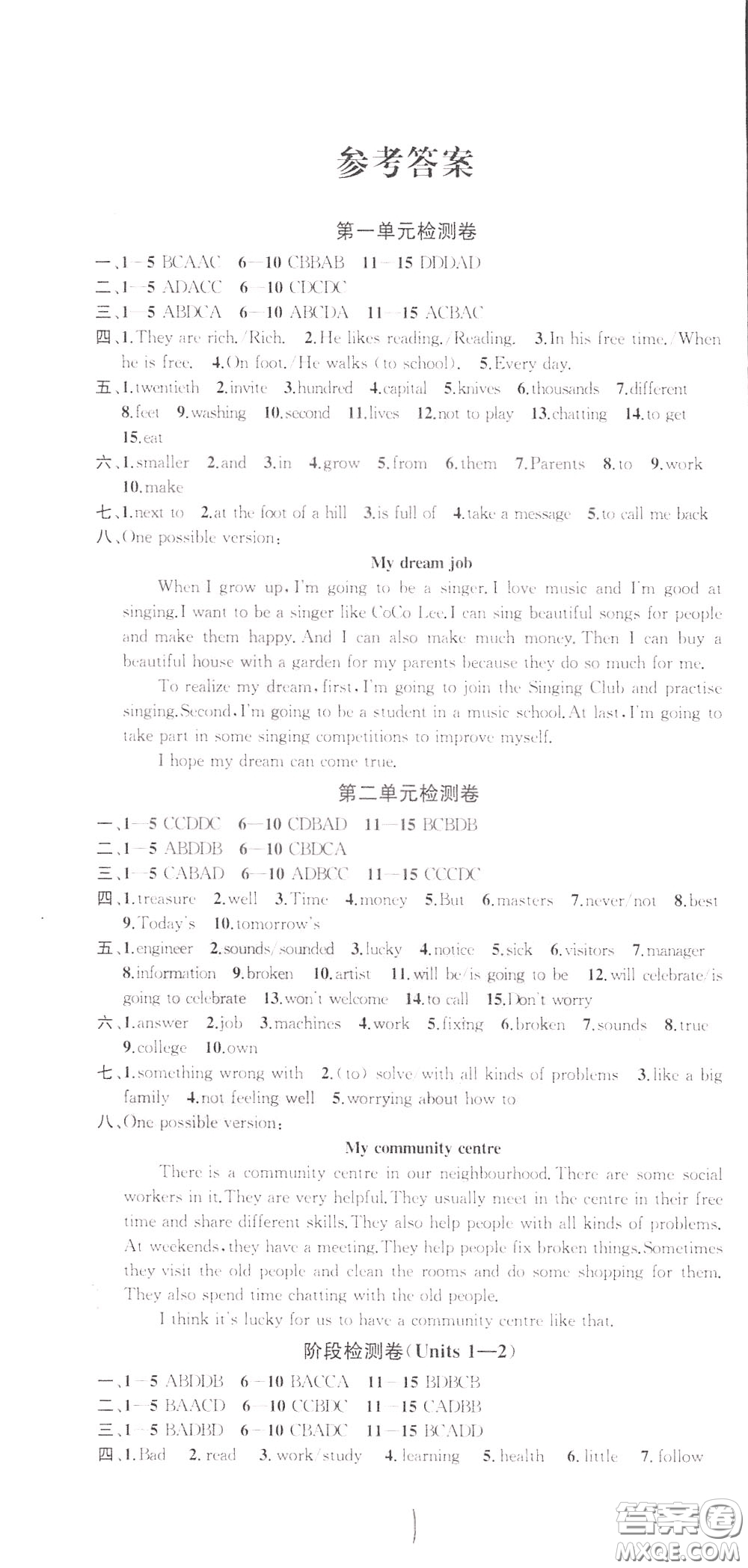 2020版沖刺名校大試卷七年級下冊英語國標江蘇版參考答案