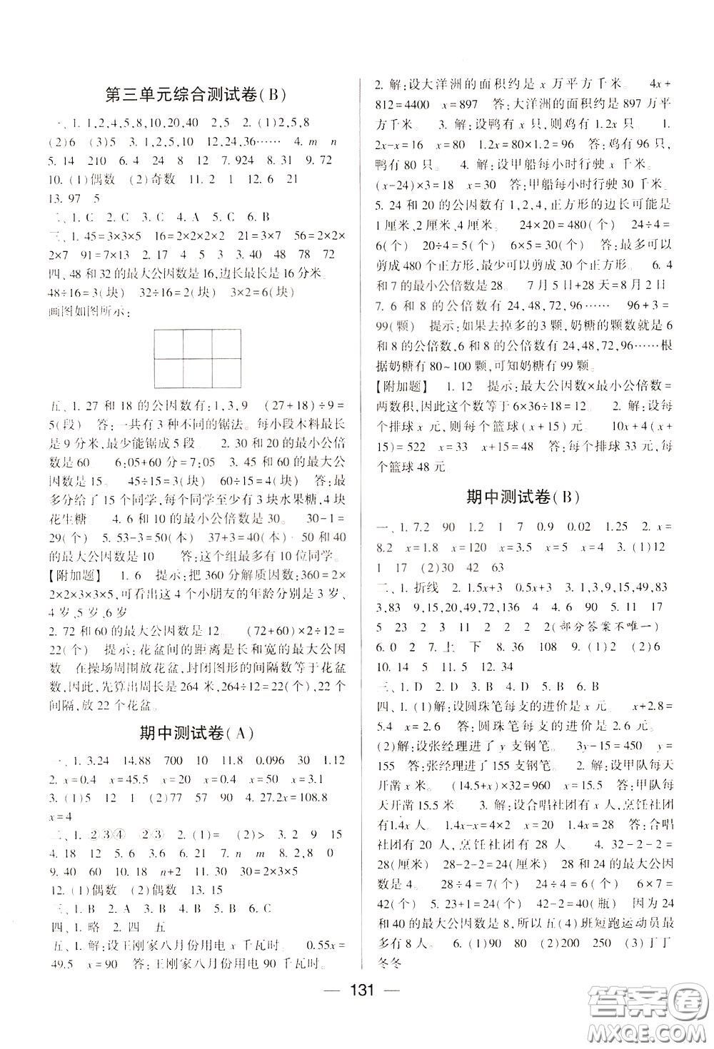 2020年學(xué)霸提優(yōu)大試卷數(shù)學(xué)五年級(jí)下冊(cè)江蘇國(guó)標(biāo)參考答案