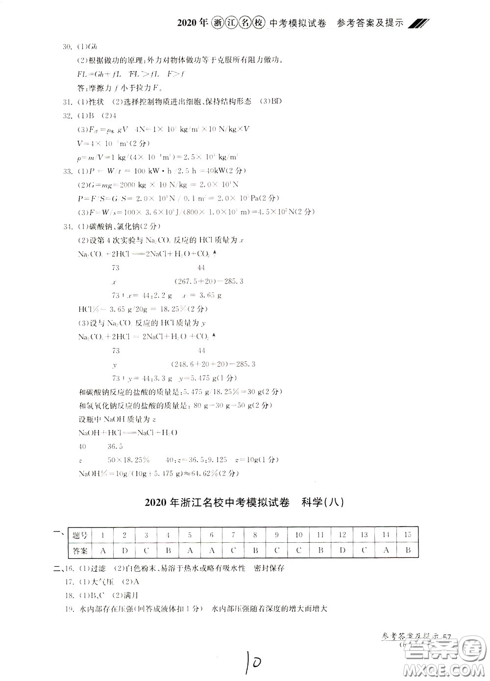 2020年浙江名校中考模擬試卷科學(xué)參考答案