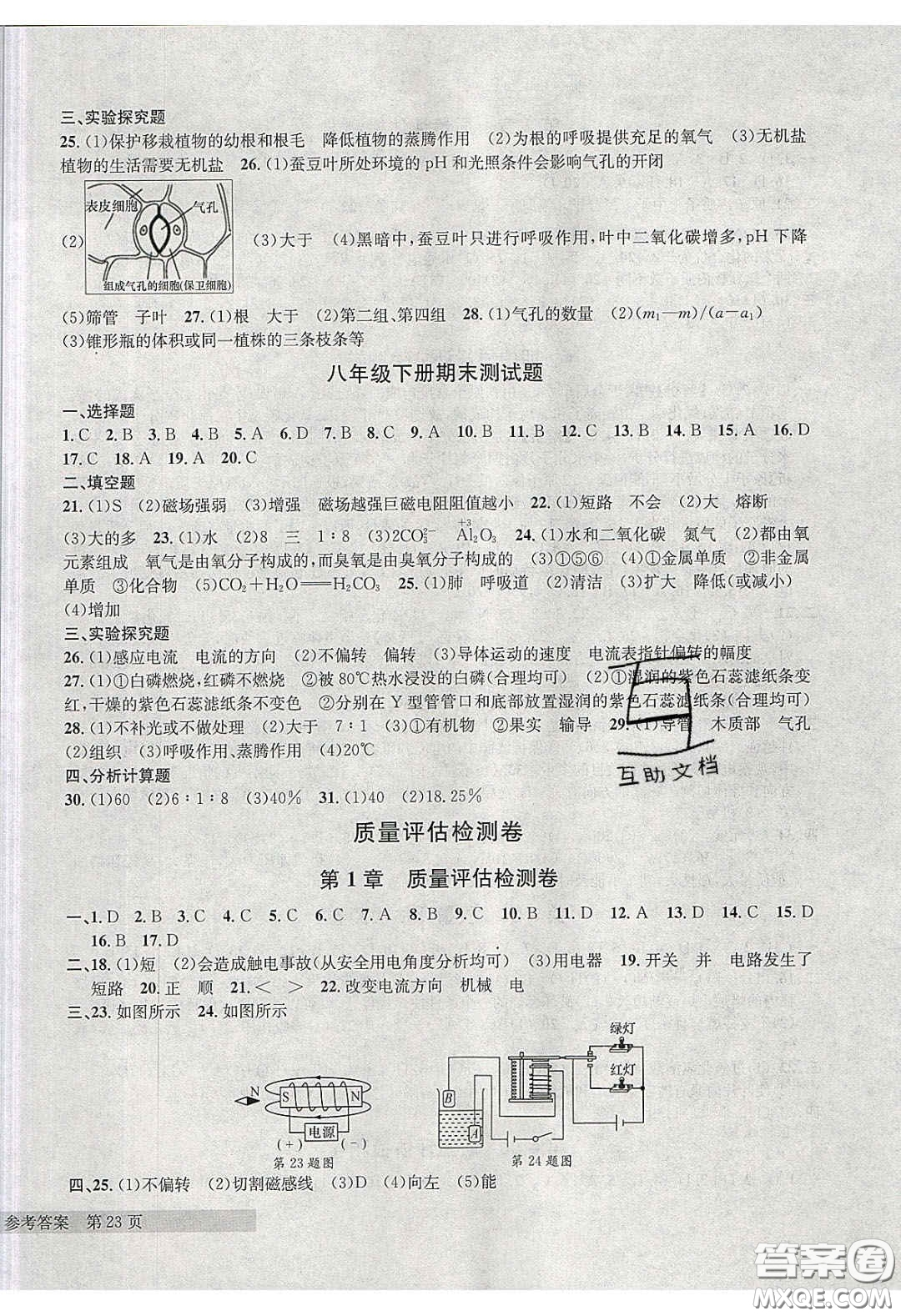 2020年習(xí)題e百課時訓(xùn)練八年級科學(xué)下冊浙教版答案